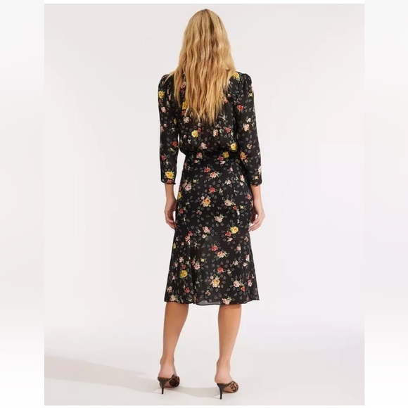 Veronica Beard Arielle Silk Faux-Wrap Dress Black Floral Multi Midi Length - Picture 2 of 14